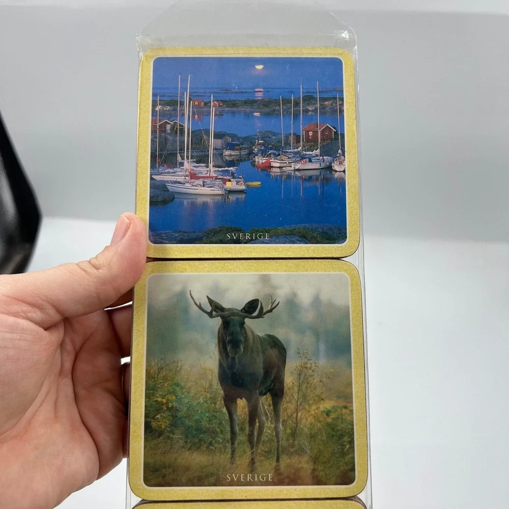 Sweden Sverige Scenic Souvenir Coasters Set of 6 Cork Back Dala Horse Moose New